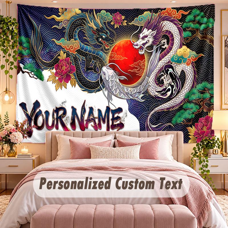 Dragon (1) Theme Wall Tapestry Customized With Name Text Personalized Hanging Tapestry For Bedroom Living Room Decor