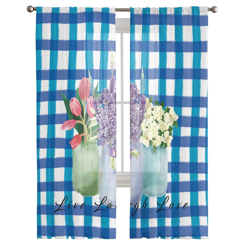 Flower Lavender Plaid Tulle Curtains Balcony Room Fashion Printed Sheer Curtain Living Room Window Modern Decor