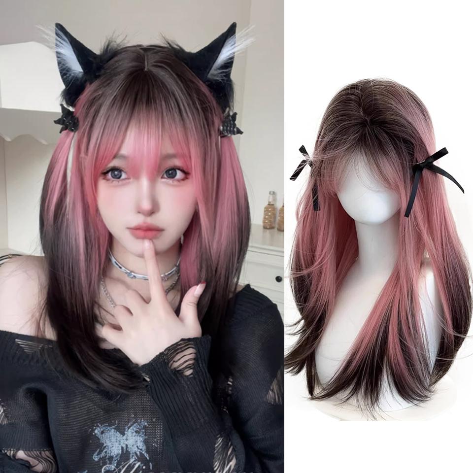 Pink Siamese Cat Gradient Synthetic Wig Female Lolita Gradient Long Hair Collection Gradient New Cos Full Head Cover