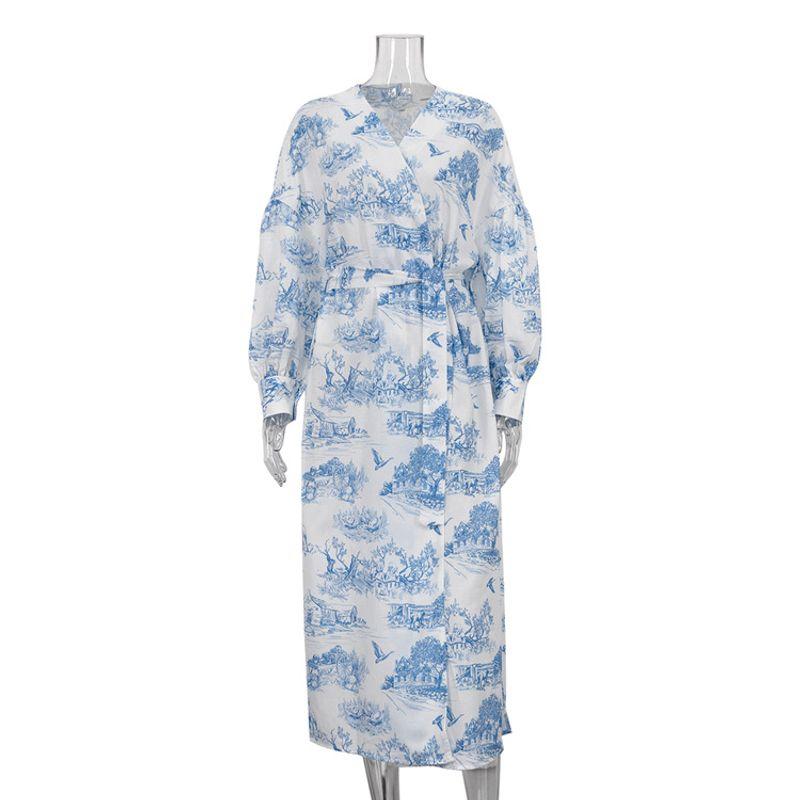 

2025 New Retro Ink Painting Print Long sleeve Cardigan Strap Dress Women Temperament V-neck Split Long dress Blue L