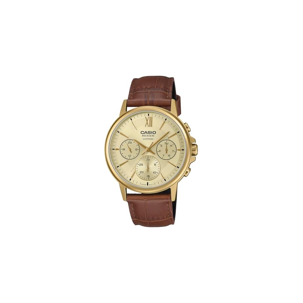 Casio Beside Quartz Men s Watch Sapphire Glass BMS-300GL-5AV Brown Leather Band 24-Hour Display Gold