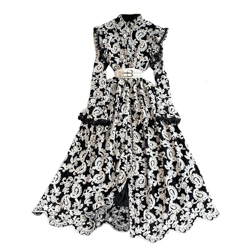 French Celebrity Vintage Lace Embroidery Long Sleeve Dress with Lotus Leaf Edge Women's Autumn and Winter Pearl Buckle Waist Long Dress