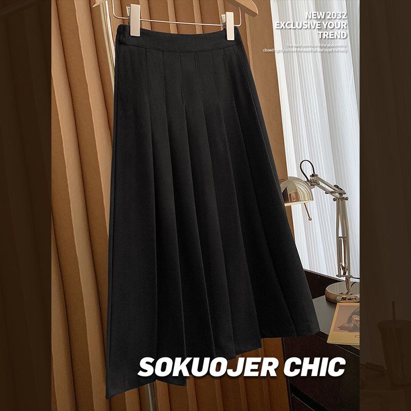 Women's High-Waisted Wool Blend Midi Skirt: Thick Pleated, Slimming Korean Style for Autumn & Winter