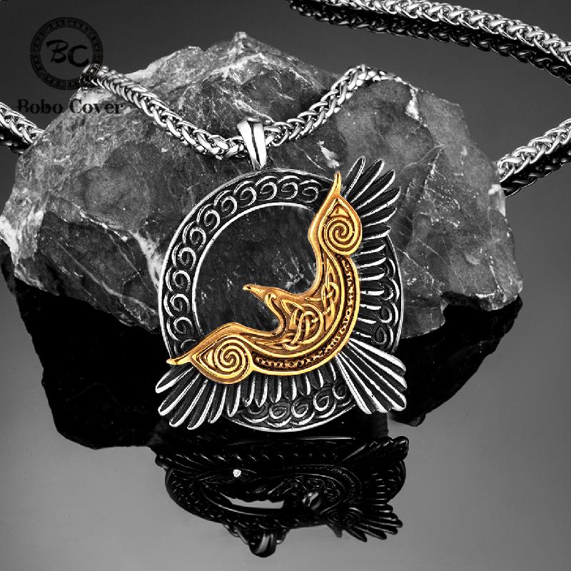 Stainless Steel Norse Mythology Eagle Necklace Men Vikings Raven Never Fade Gold Color Vegvisir Slavic Runes Amulet Pendant Gift
