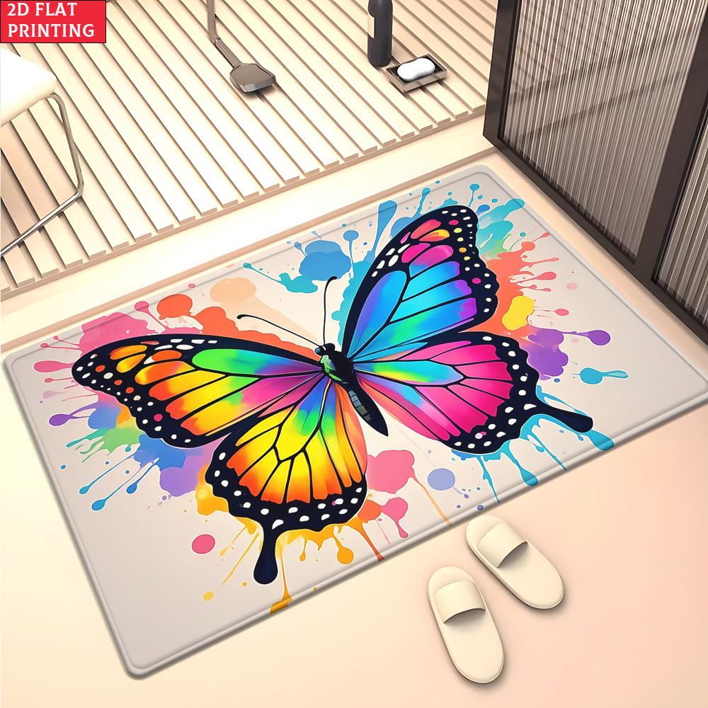 Colorful Rainbow Butterfly Paint Splash Area Rug, Non-Slip Soft Carpet for Living Room Bedroom, Vibrant Art Decor Floor Mat