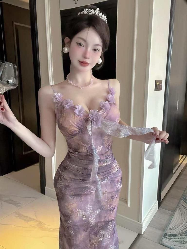 Elegant Slim-Fit V-Neck Mesh Print Camisole Dress