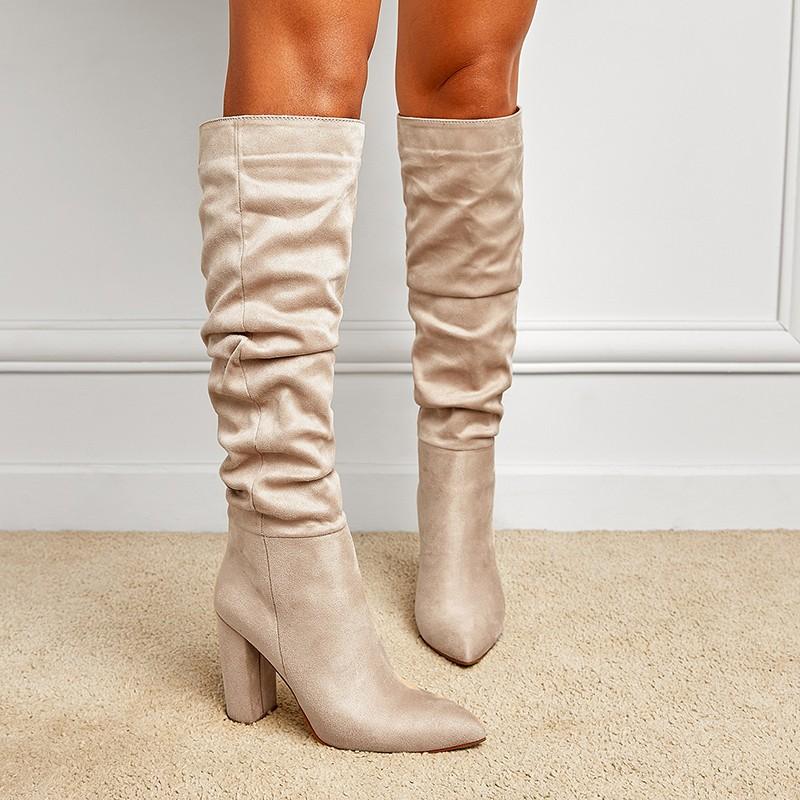 Fall Pleated Tall Boots Fashion Pointed Toe Suede Sleeve Soft Sole Non-Slip Wear-Resistant High Heels
