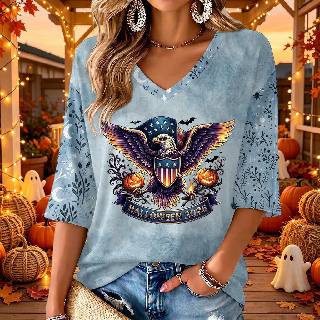 Women's V-Neck Casual Halloween Print Three-Quarter Sleeve Top
