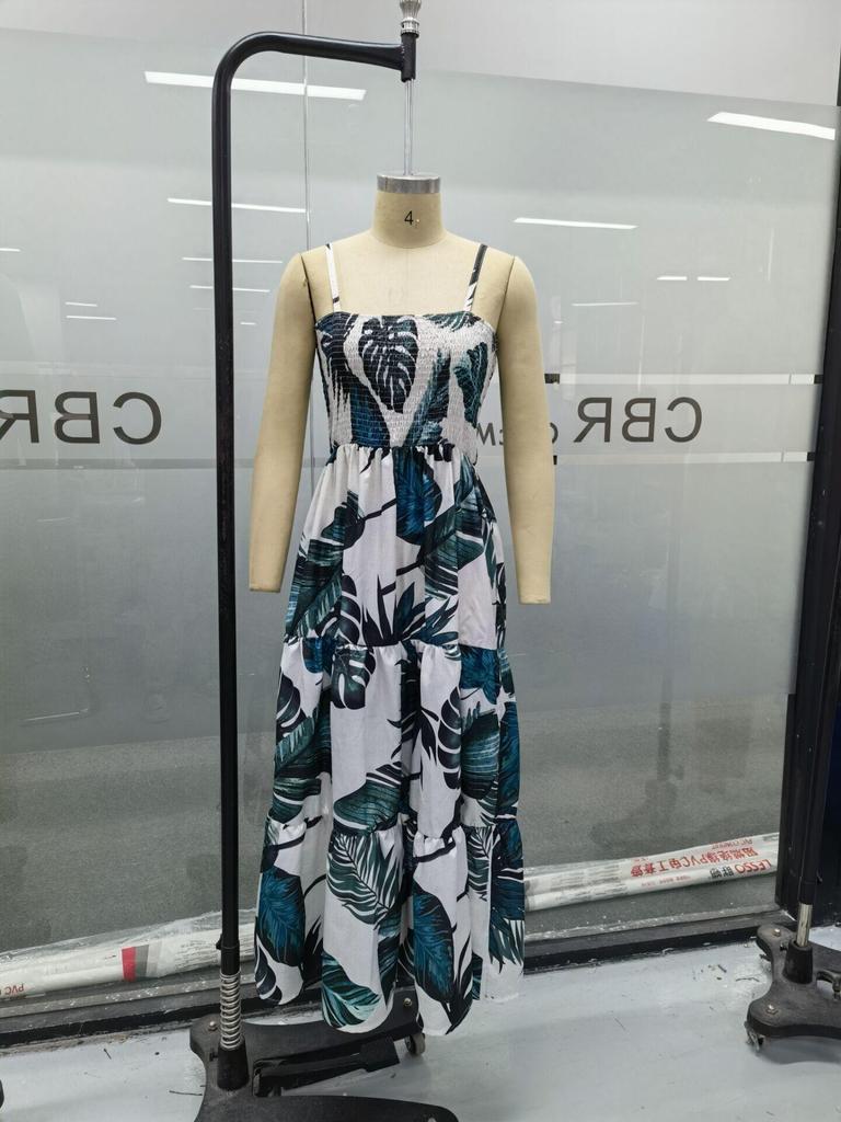 Elegant High-Waist Printed Suspender Dress - Solid Color, Cross-Border Trend