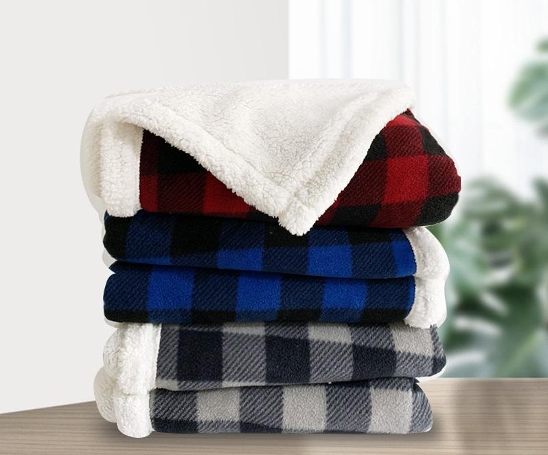 Custom Red and Black Plaid Sherpa Fleece Throw Blanket Checkered Flannel Plaid Warm Plush Fleece Flannel Sherpa Throw Blanket 130*150CM/150*200CM