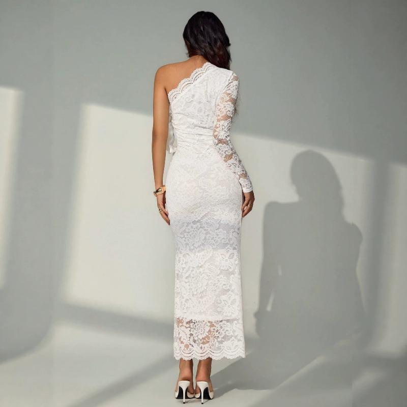 Women Sexy Lace One Shoulder Asymmetrical Hollow Out Bodycon Long Evening Party Dress