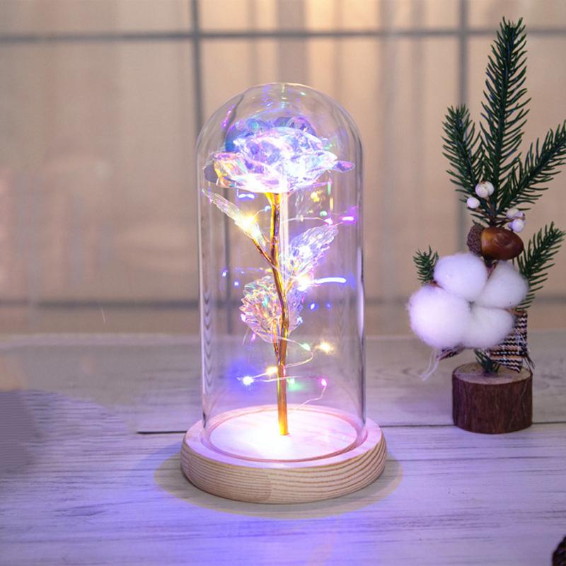 Glass  Dome  Cover  Roses  Ornaments Colorful Bendable Led Light Bar Valentine Day Creative Gift
