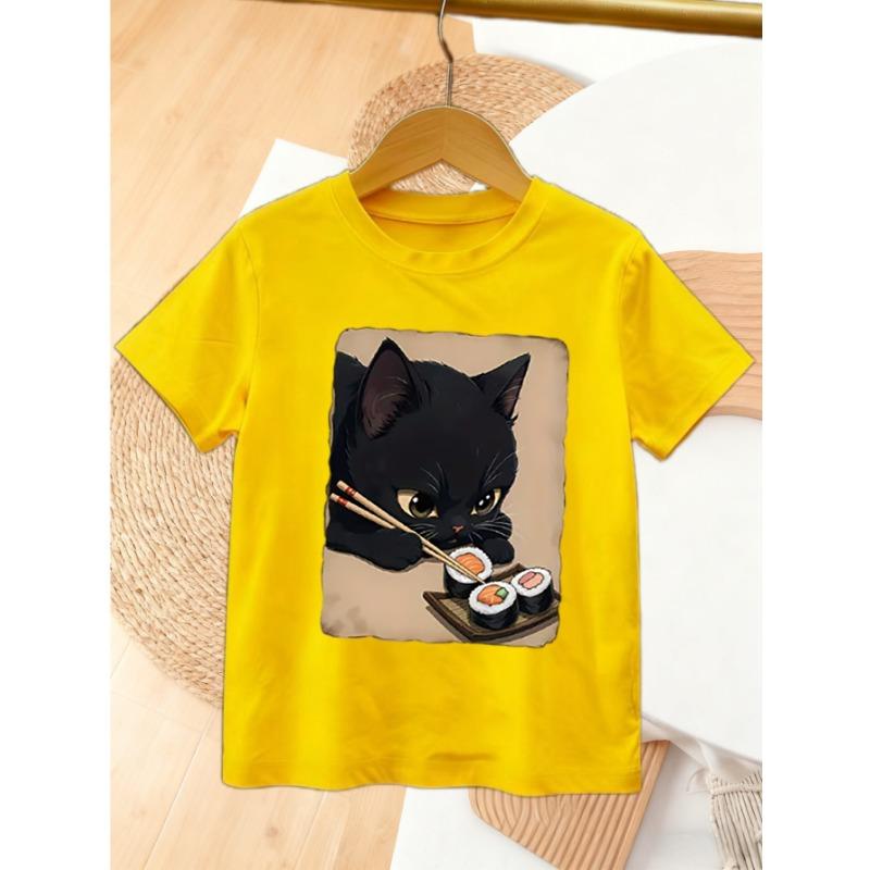 European Size Childrens Crew-neck Short-sleeved T-shirt with Black Cat Eating Sushi Pattern Print