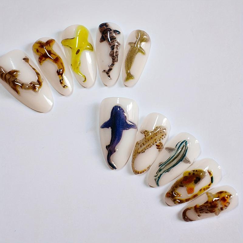 

10 шт. Накладные ногти Глубоководная акула ручной работы, миндалевидной формы, в океанском стиле, с 3D декором в виде раковины и осьминога onesize