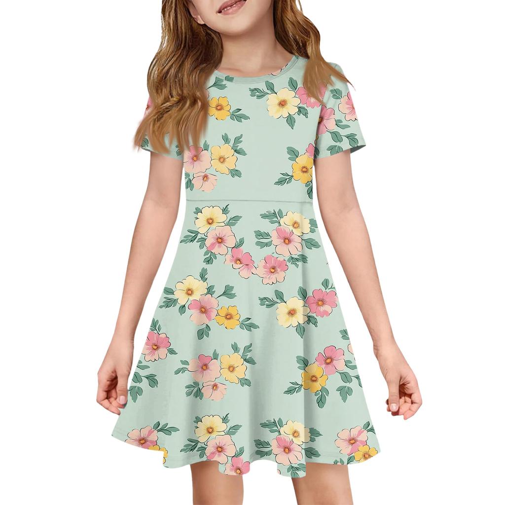 Girl Summer Dress Color & Print Short Sleeve Dress With Pocket Casual Dress Shorts Sleeve Party Dress Easter Day