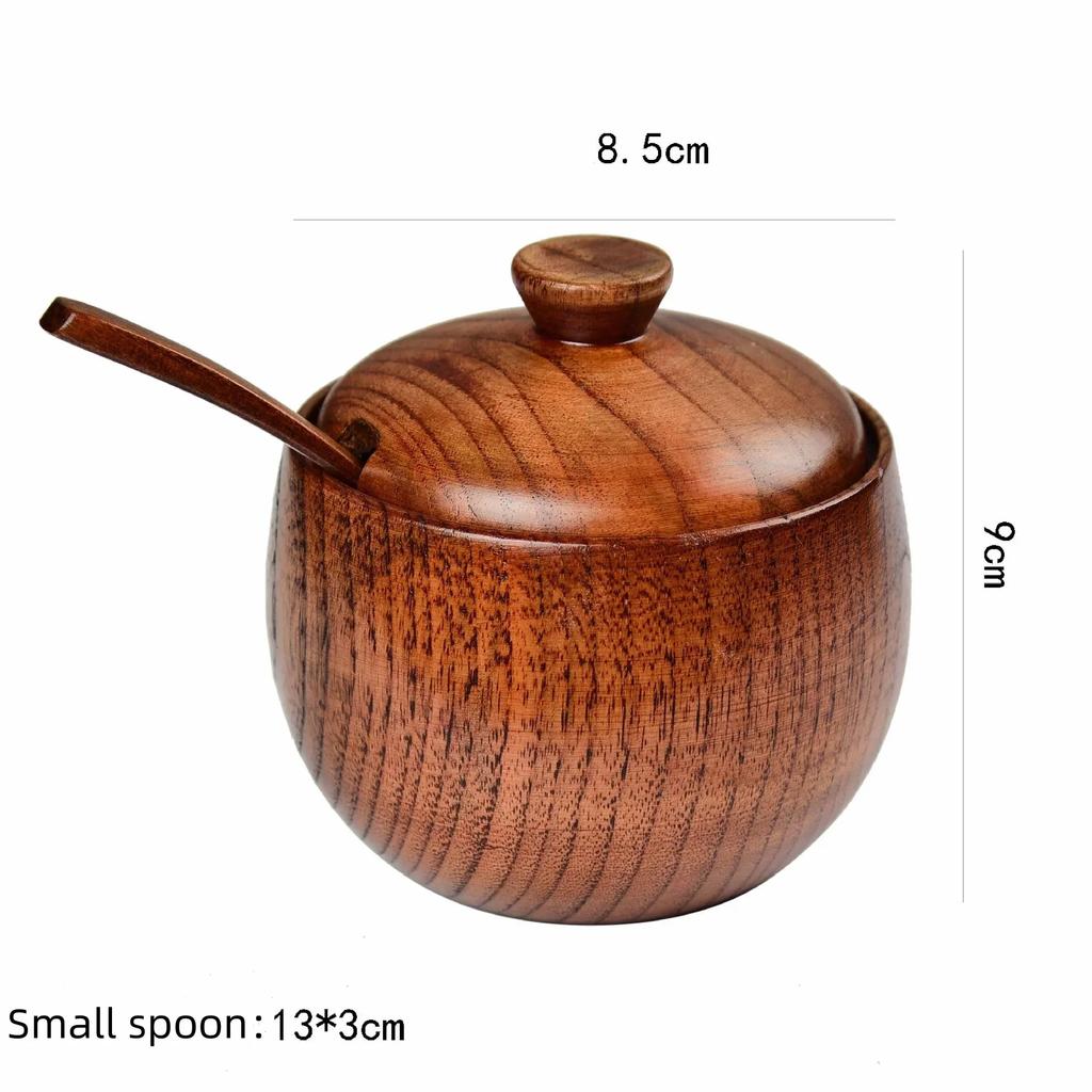 Wooden Seasoning Jar Salt Celler with Lid and Spoon Spice Pepper Seasoning Container Storage Box Kitchen Food Storage Tools