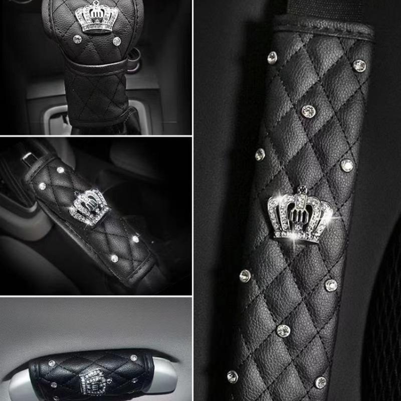 Rhinestone PU Leather Car Interior Decoration Cover Steering Covers Handbrake Gear Shift Lever & Shoulder Protection Cover