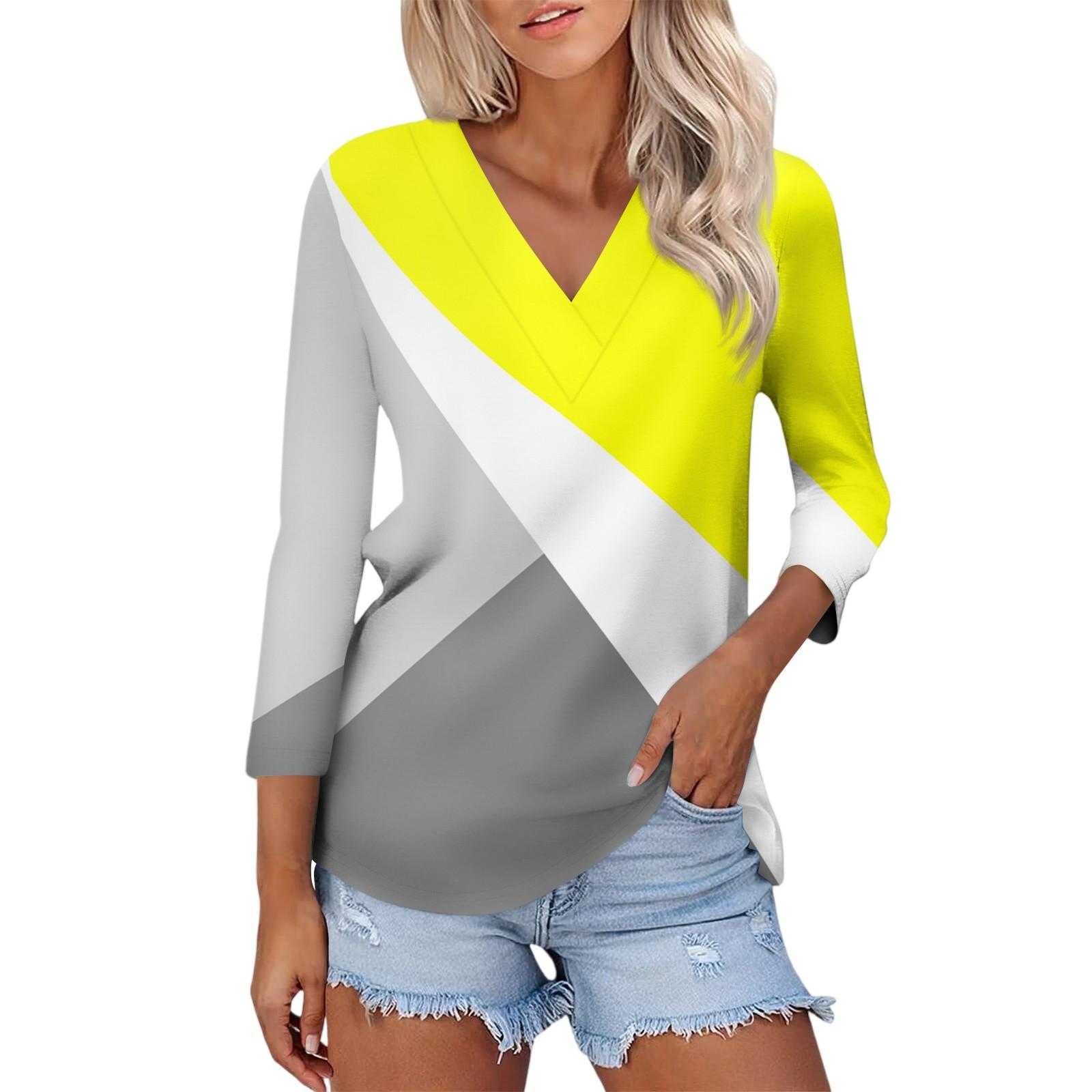 

Women s Casual Fashion Sexy Comfortable V-neck Splicing Geometric Pattern Three-quarter Sleeve Top XL жёлтый