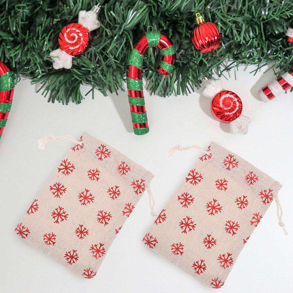 10Pcs Christmas Cotton Drawstring Bags Snowflake Pattern Candy Pouches Holiday Gift Wrapping Bags Small Fabric Candy Storage