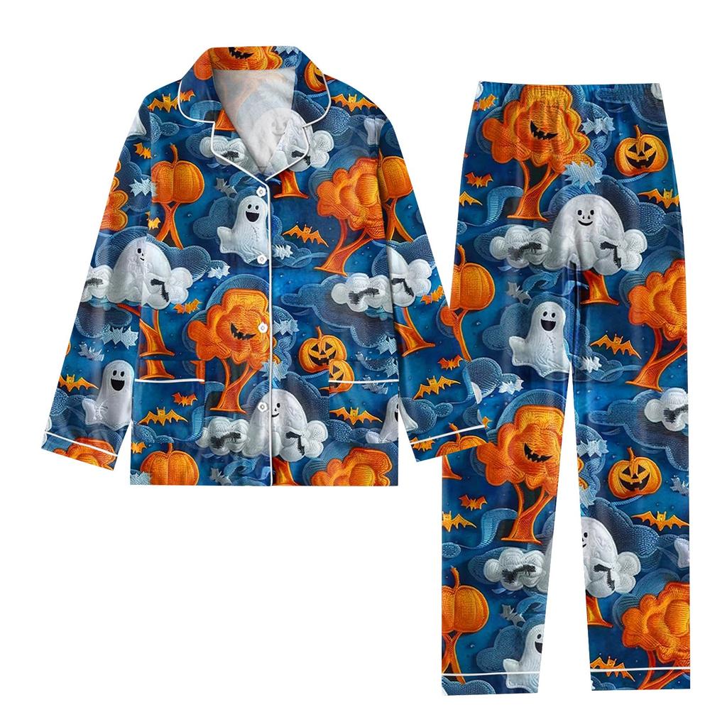 2-teiliger bedruckter Damen-Anzug, langärmelig, Oberteil mit Knopfleiste, weite Hosen, Anzug-Set, Schlafanzug, Home-Casual-Anzug