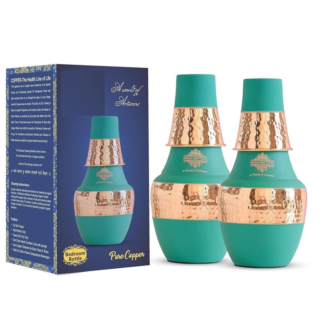 Pure Copper Bedroom Bottle with Inbuilt Glass Storage & Drinkware, Volume 1.25 Litre (Pack of 2)