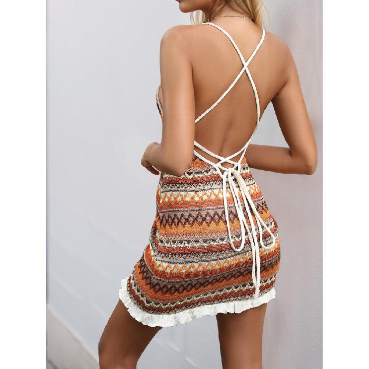 Summer New Women'S Beach Vacation Dress With Suspender Straps Colorful Stripes Knitted Drawstring Backless Strap Dress