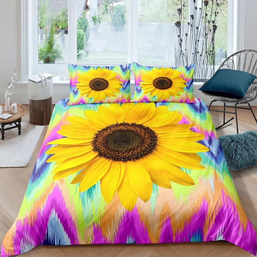 Vintage Sunflowers Duvet Cover Set Letters Bedding Set Letters And Sunflowers Printed Retro Girls Queen Size 2/3pcs Quilt Cover