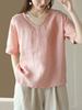 New retro cotton and linen top women's loose and thin V-neck short-sleeved jumper casual solid color T-shirt linen shirt summer
