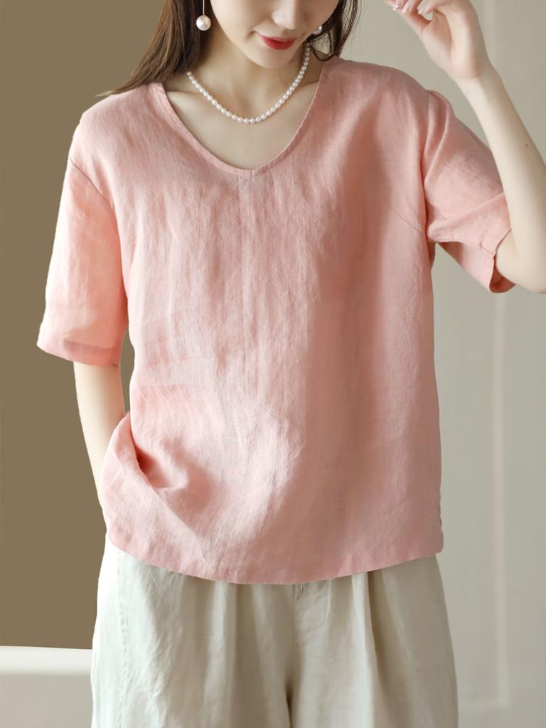 New retro cotton and linen top women's loose and thin V-neck short-sleeved jumper casual solid color T-shirt linen shirt summer