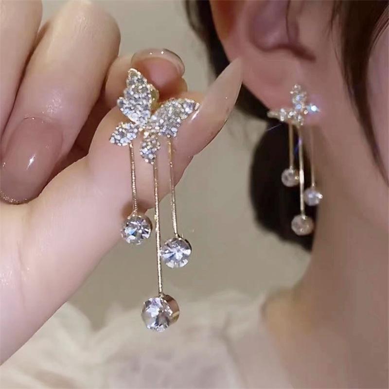 2023 Trendy Korean Rhinestone Butterfly Tassel Crystal Stud Earrings