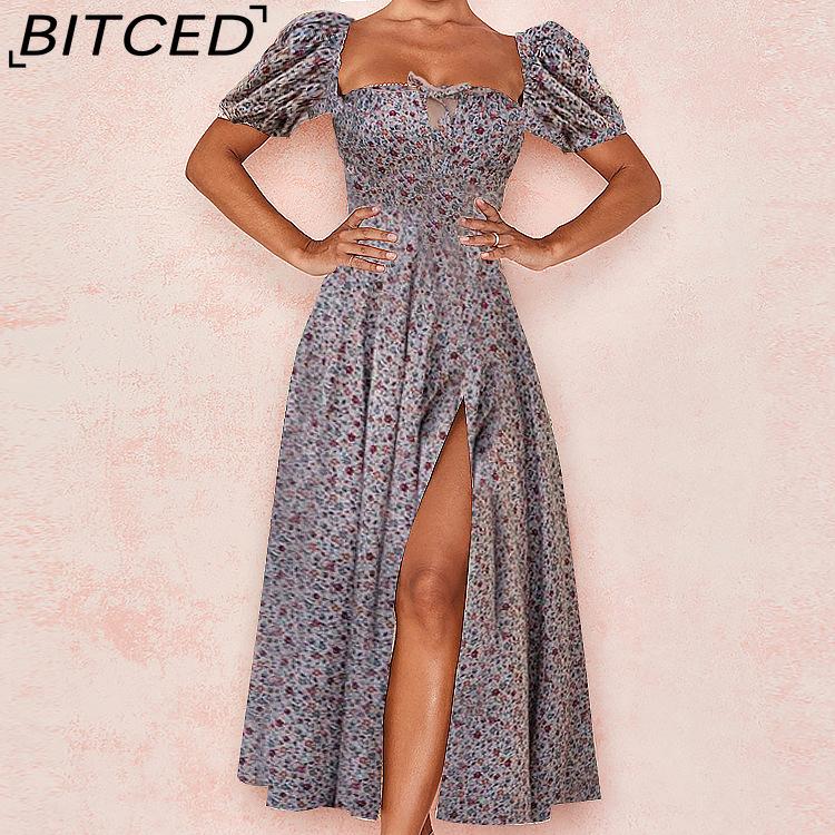 BITCED Women's Dress: Elegant Floral Print Split-Hem Fashionable Resort Strapless Dress