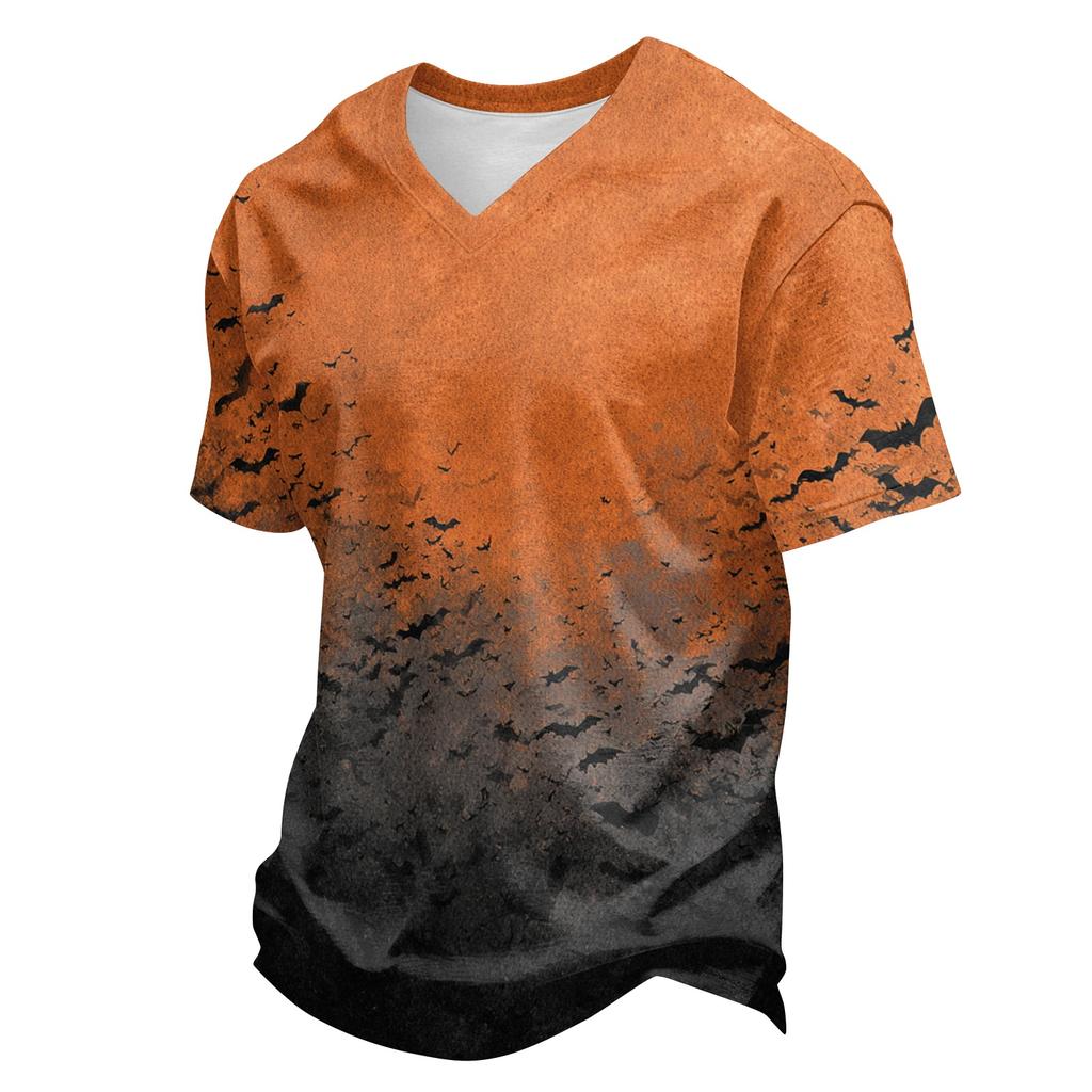 Men's Casual V Neck Lightweight Breathable Short Sleeve Top Halloween Pumpkin Scarecrow Print Summer Tee Shirt for Everyday Wear