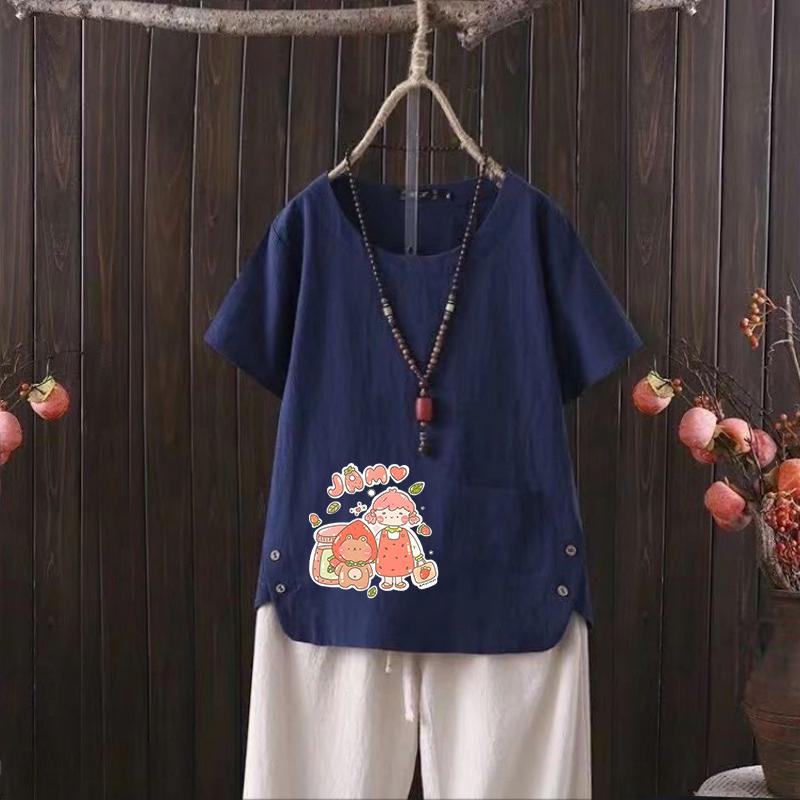 

Футболка из хлопка и конопли с принтом серии «Balloon» в скандинавском стиле для женщин — легкая и воздушная летняя футболка 2025 года 4XL темно-синий