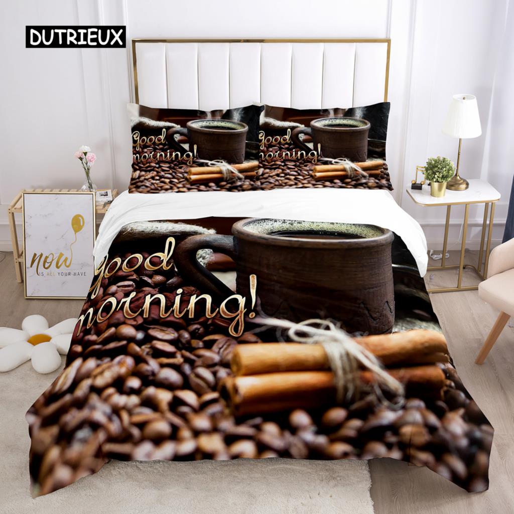 Good Morning Duvet Cover Set Microfiber Coffee Rose Cozy Breakfast Twin Bedding Set Double Queen King Size 2/3pcs Quilt Cover
