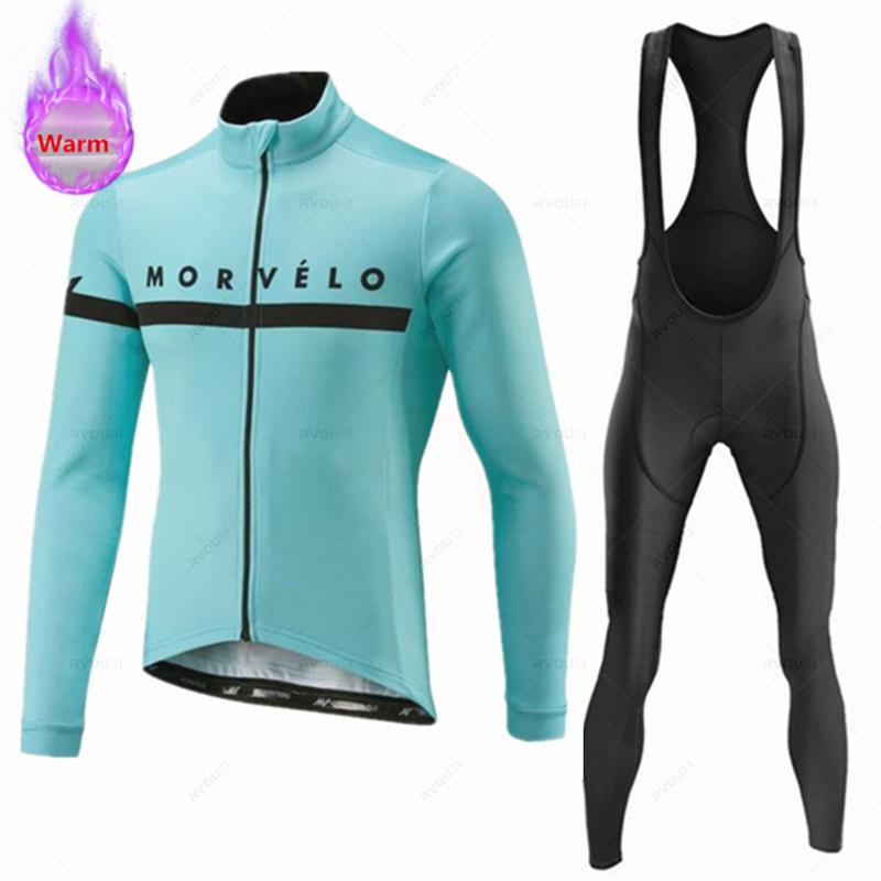 Morvelo-Thermal Fleece Cycling Jerseys Set for Men, MTB Bike Clothes, Warm Bicycle Clothing,2026 Velvet Warm Cycling Suit Set