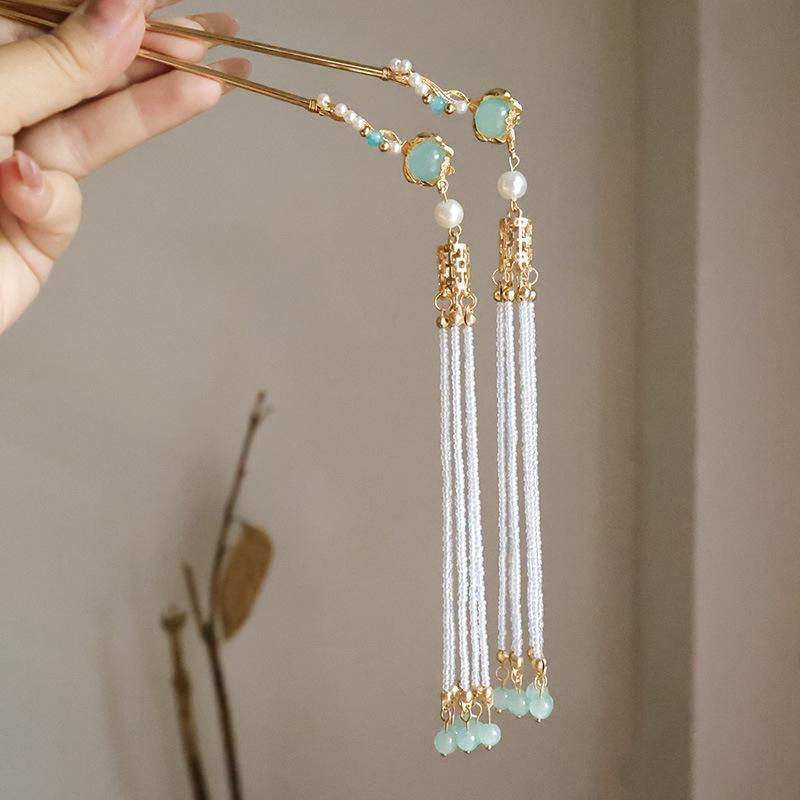 Ming-Style Auspicious Cloud Hairpin with Faux Jade Tassel and Pearls - Hanfu Hair Accessory