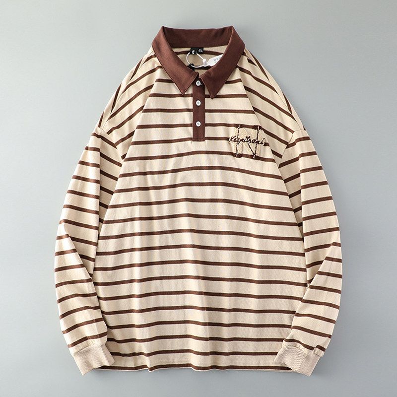 Trendy American Style Long Sleeve Spring and Autumn Retro Export Polo Shirt Khaki 4XL.