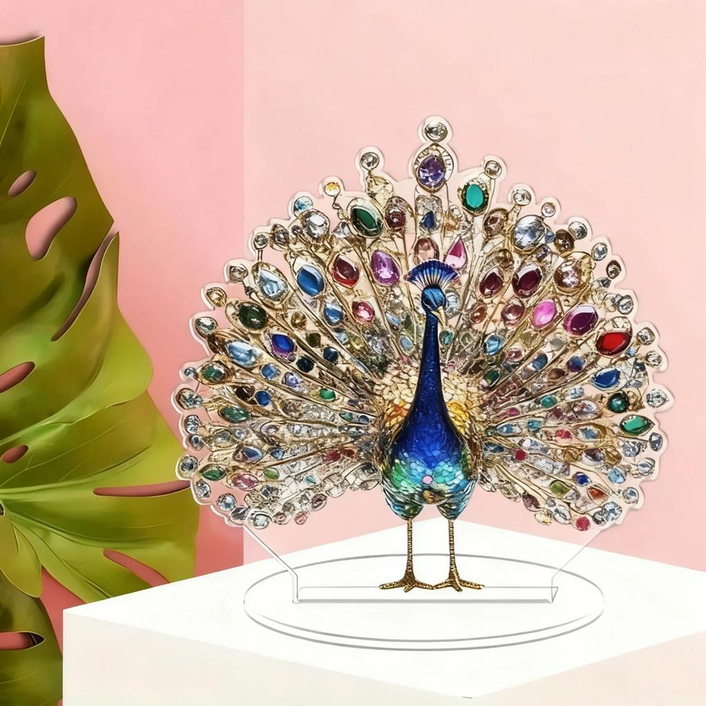 1Pcs 2D Flat Acrylic Figurine Luxurious Crystal Peacock Ornament Tabletop Decoration For Bedroom Living Room Office