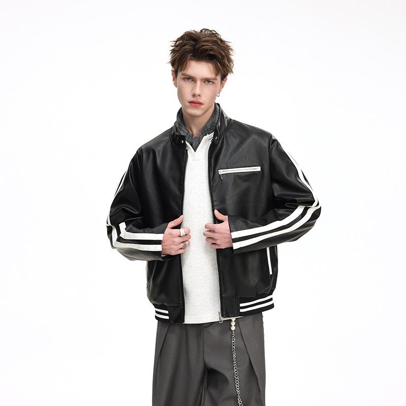 Herren Trendy Lederjacke mit Stehkragen - Lockere Passform, Lässig, Modisch, Bequemes Gewebe mit Schlichtem Linienmuster.