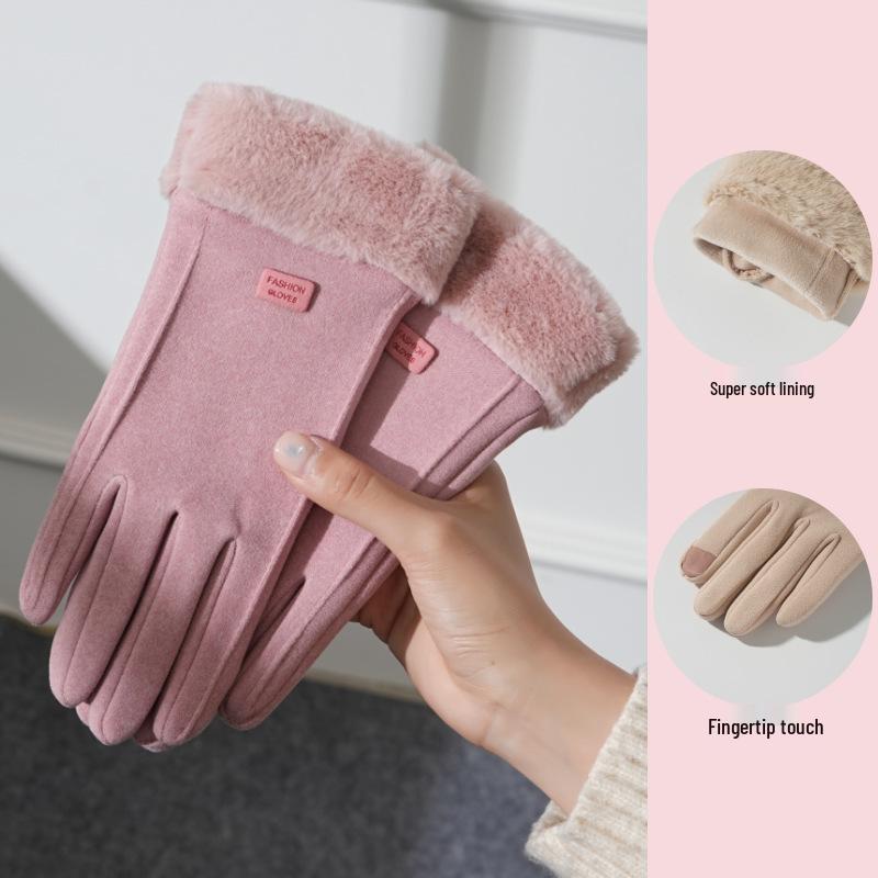 Women's Winter Cycling Gloves: Cold-Proof, Thick, Warm, Cute Suede, Fleece-Lined, Windproof, Touchscreen-Compatible