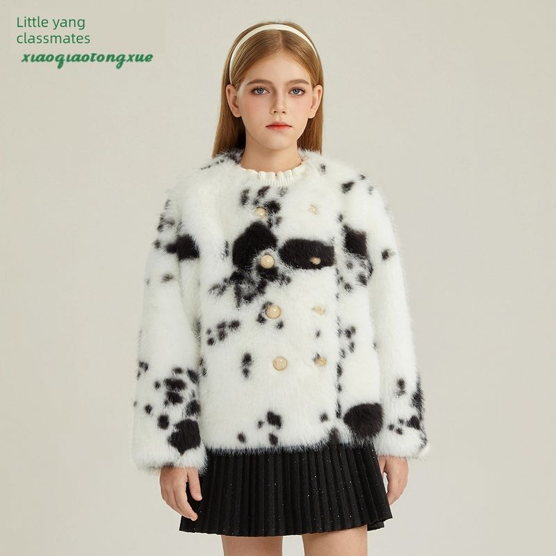 Children s Faux Fur Coat Winter New Style Girls  Faux Fox Fur Cardigan for Older Kids Cow Print Korean Style Faux Mink Fur Top White 120