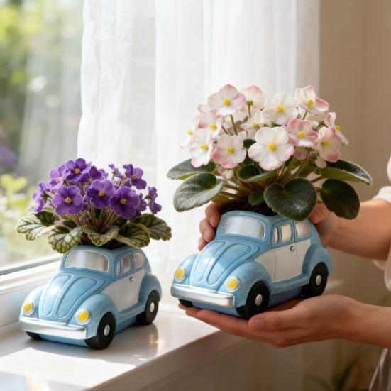 Retro brouk Auto Sukulentní Květináč, Velkokapacitní Květináč ve Tvaru Auta se Stárkovanou Glazurou Modrobílý Povrch, Kreativní Dekorace na Stůl pro Terasu Balkon