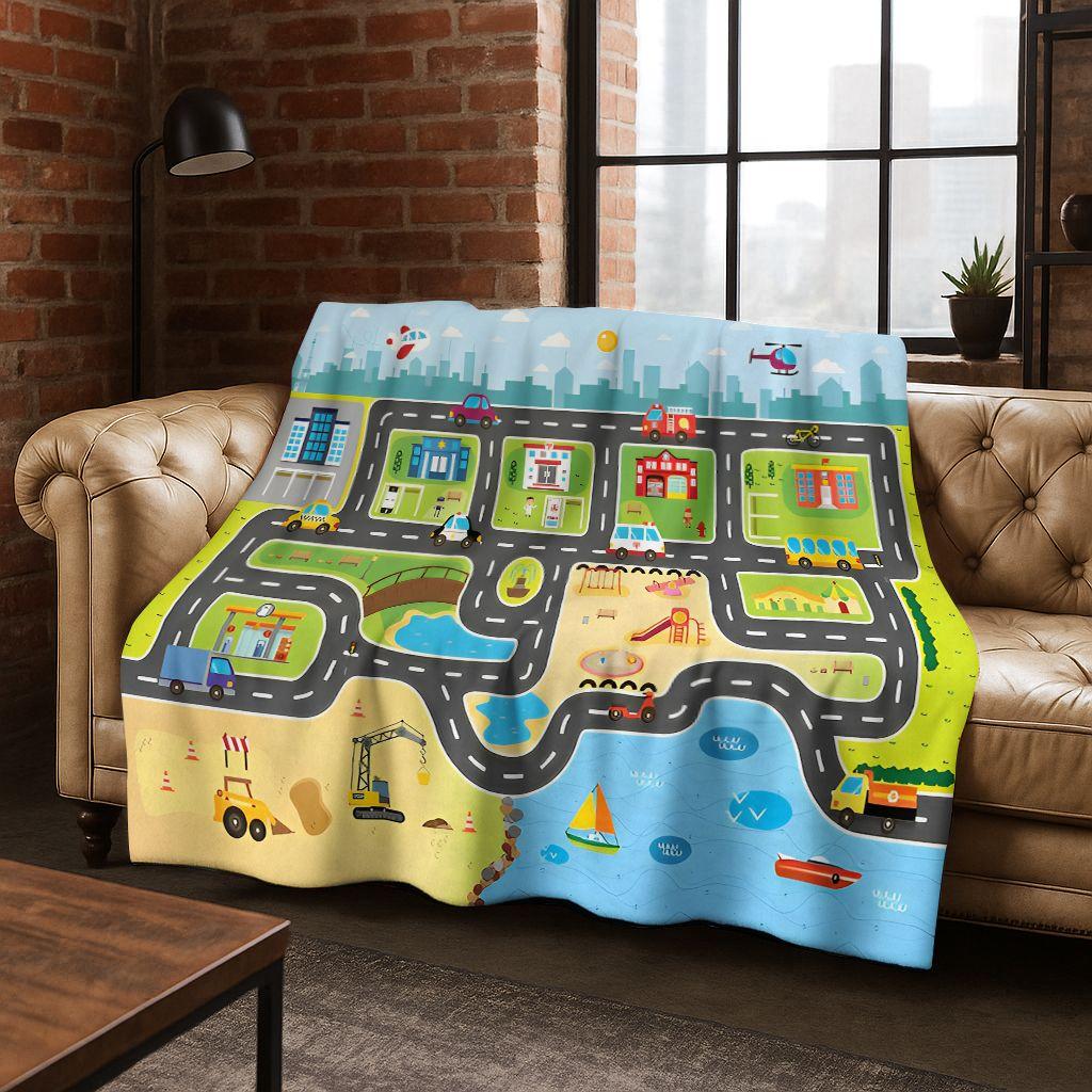 Dětská městská silniční doprava Učící hra Flanelová deka, Útulná měkká přehozová deka na doma do ložnice postele pohovky Kryt Dárek pro děti