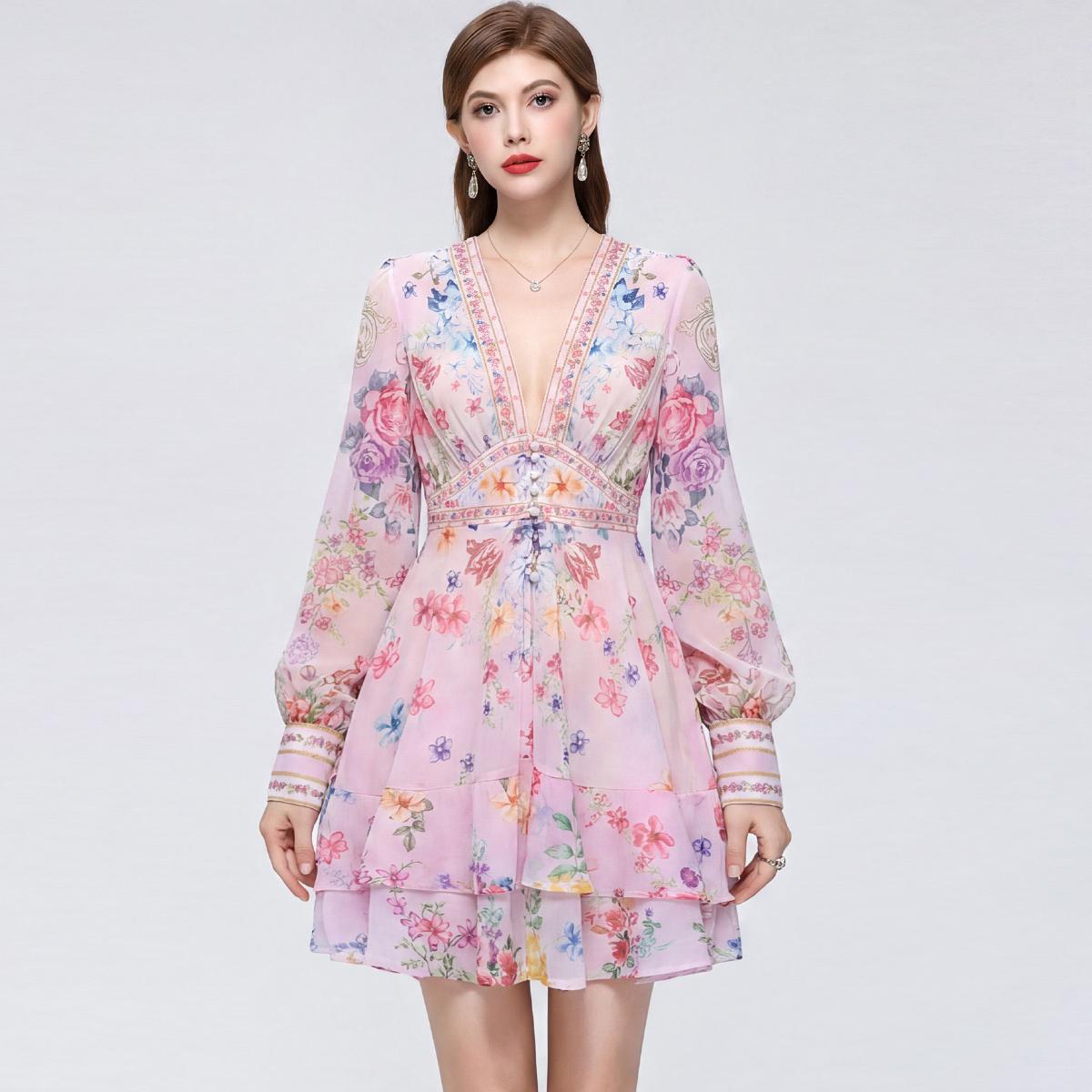 Elegant Ruffled Patchwork Floral Printing Dresses for Women s V-Neck Long Lantern Sleeve High Waist Spliced Single Breasted Short Dress S розовый