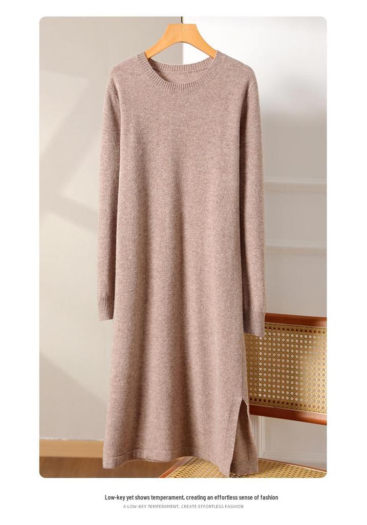 Women's Pure Wool Mid-Length Knit Skirt and Dress, Rolled Hem, Round Neck, Solid Color - Perfect for Autumn and Winter.