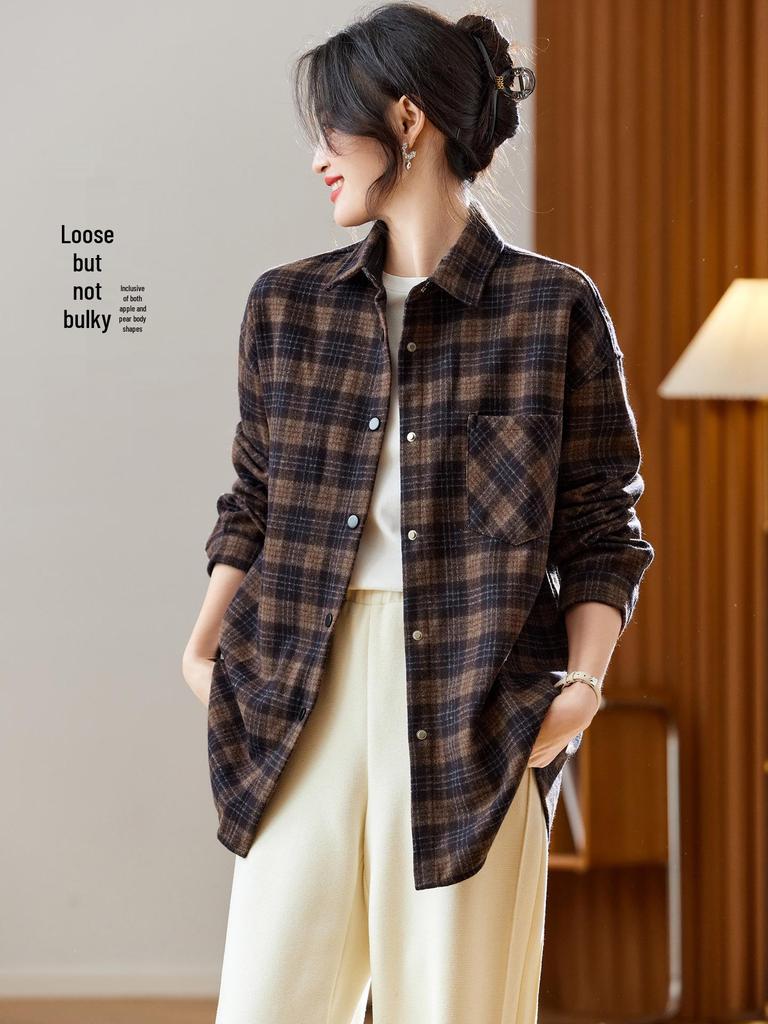 Women's Brushed Plaid Long Sleeve Shirt - Thickened & Warm, 2025 Autumn/Winter Collection