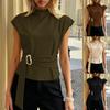 Ärmellose Bluse mit hohem Kragen und Metallschließe am Taillengürtel, verstellbare Passform, Bürohemd-Top für Damen