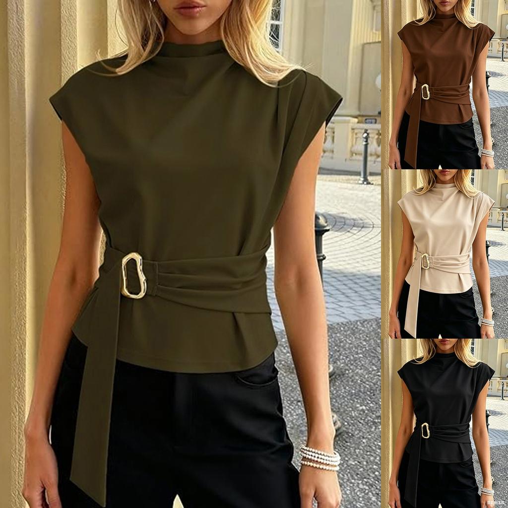 Sleeveless High Neck Blouse with Metal Buckle Waist Belt Adjustable Fit Office Shirt Top for Women