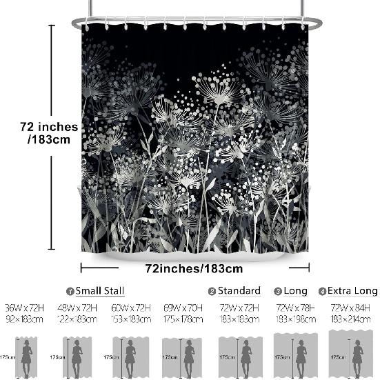 Renaiss Black and White Dandelion Shower Curtain Abstract Cute Floral Pattern Shower Curtain for Bathroom Art Painting Firework Design Shower