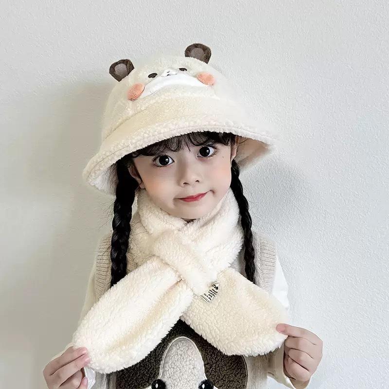Children's Hat Scarf Two-piece Set Winter Girl Cute Rabbit Warm Basin Hat Boy Baby Winter Bucket Hat